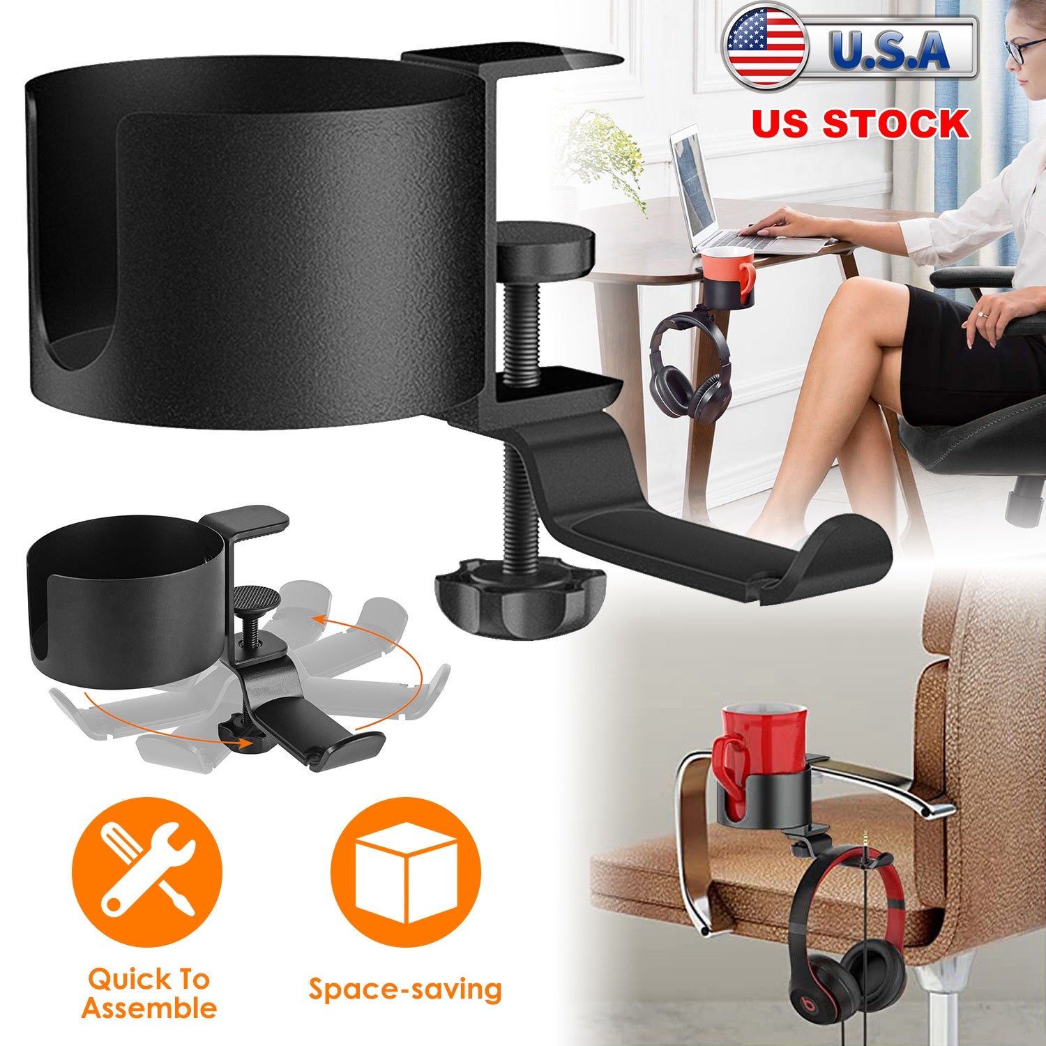 Desk Cup Holder 2-In-1 Anti-spill Cup Holder with 360° Rotating Headphone Hanger Desk Space Saver for Office Home