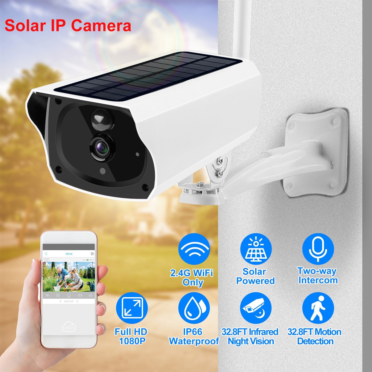 1080P Solar Powered WiFi IP Camera Two-Way Intercom Security Surveillance Camera IP66 Waterproof Motion Sensor Night Vision Network Camcorder APP Cont