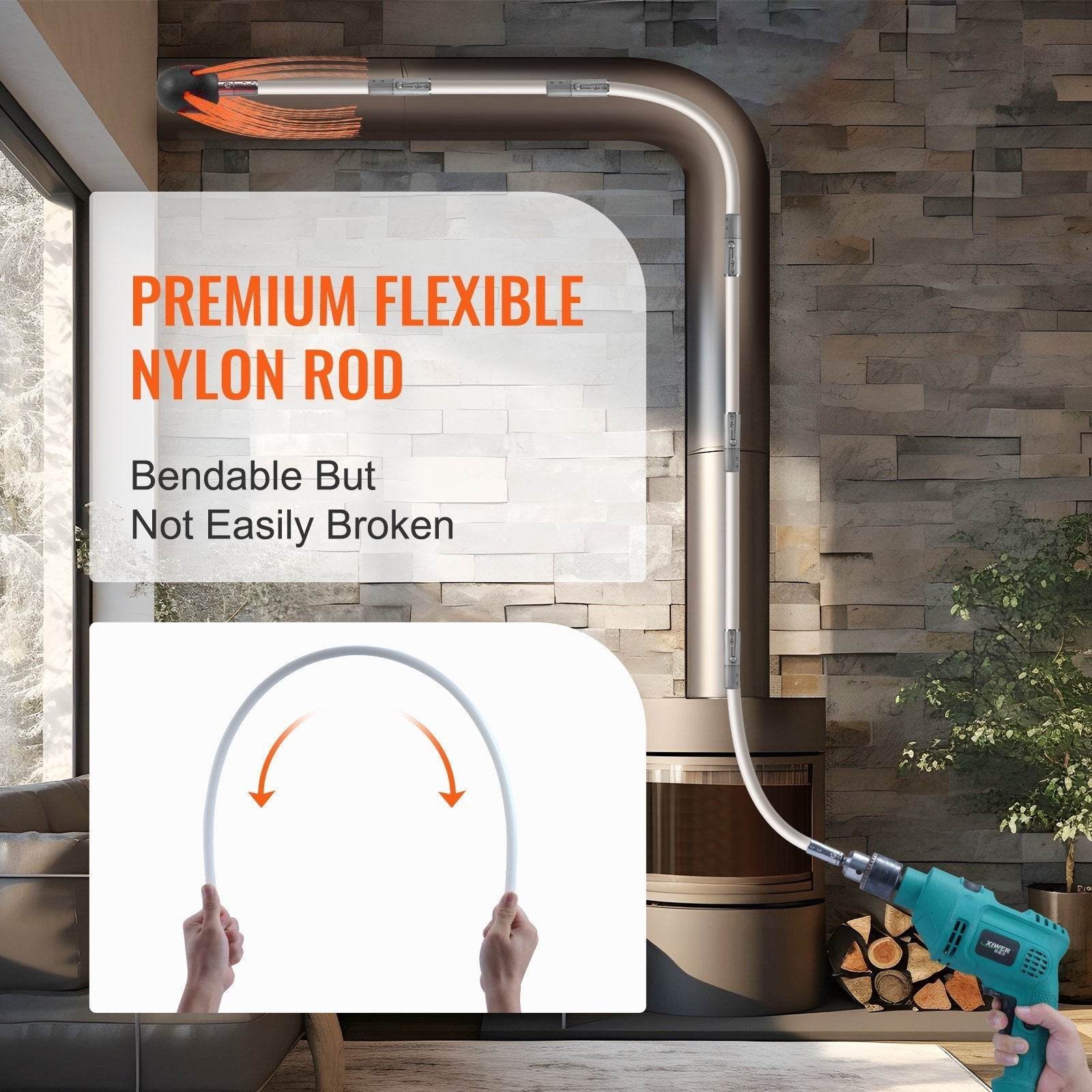 30 Feet Chimney Sweep Kit, W 9 Reinforced Nylon Flexible Rods, Ergonomic Chimney Cleaning Brush, 360-Degree Brush Chimney Cleaner, Rich Accessories For Fireplace Flue Home Use Fits Most Pipes