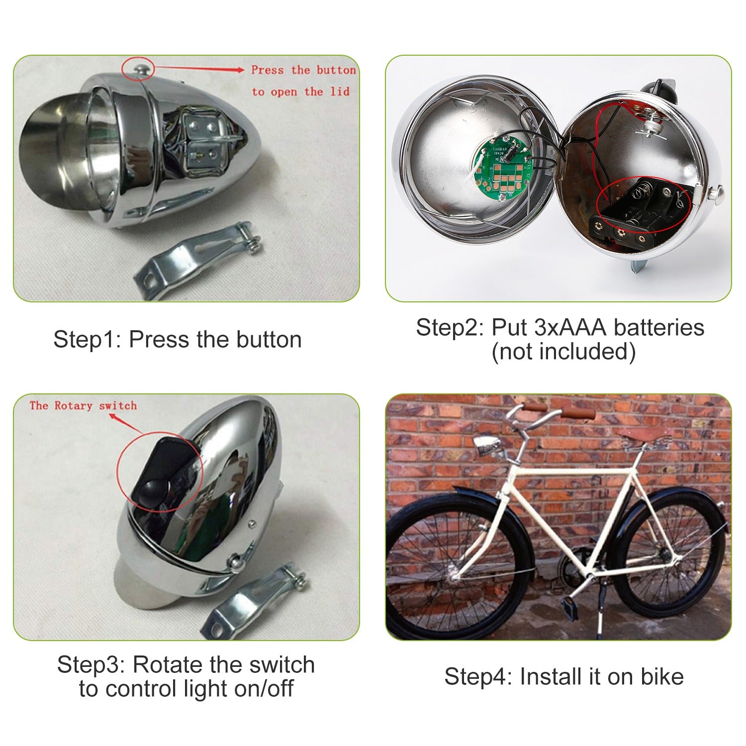 Vintage Bicycle Front Headlight Retro Metal Chrome Silver Shell Bright Bike LED Light Night Riding Safety Cycling Fog Light Headlamp with Bracket