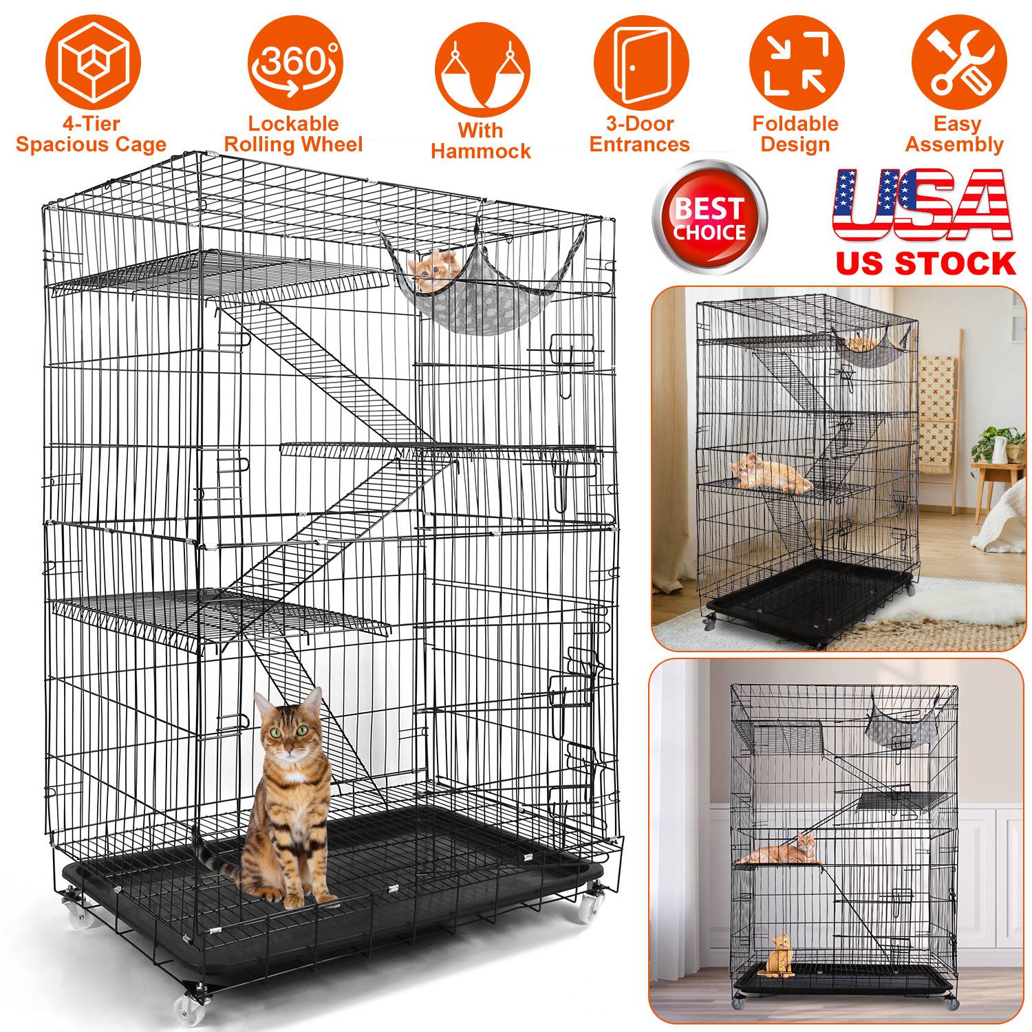 4 Tiers Cat Cage Rolling Metal Cat Playpen Enclosures Cat Kennel House Ferret Crate with 360° Lockable Wheels 3 Doors 3 Ladders Hammock