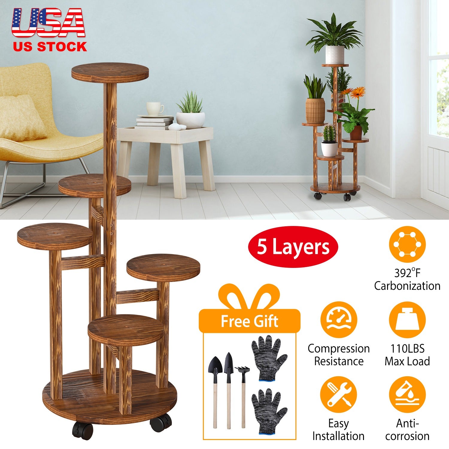 5 Tier Plant Stand with 4 Detachable Wheels Wooden Plant Pot Rolling Shelf Plant Display Rack for Indoor Outdoor Decoration