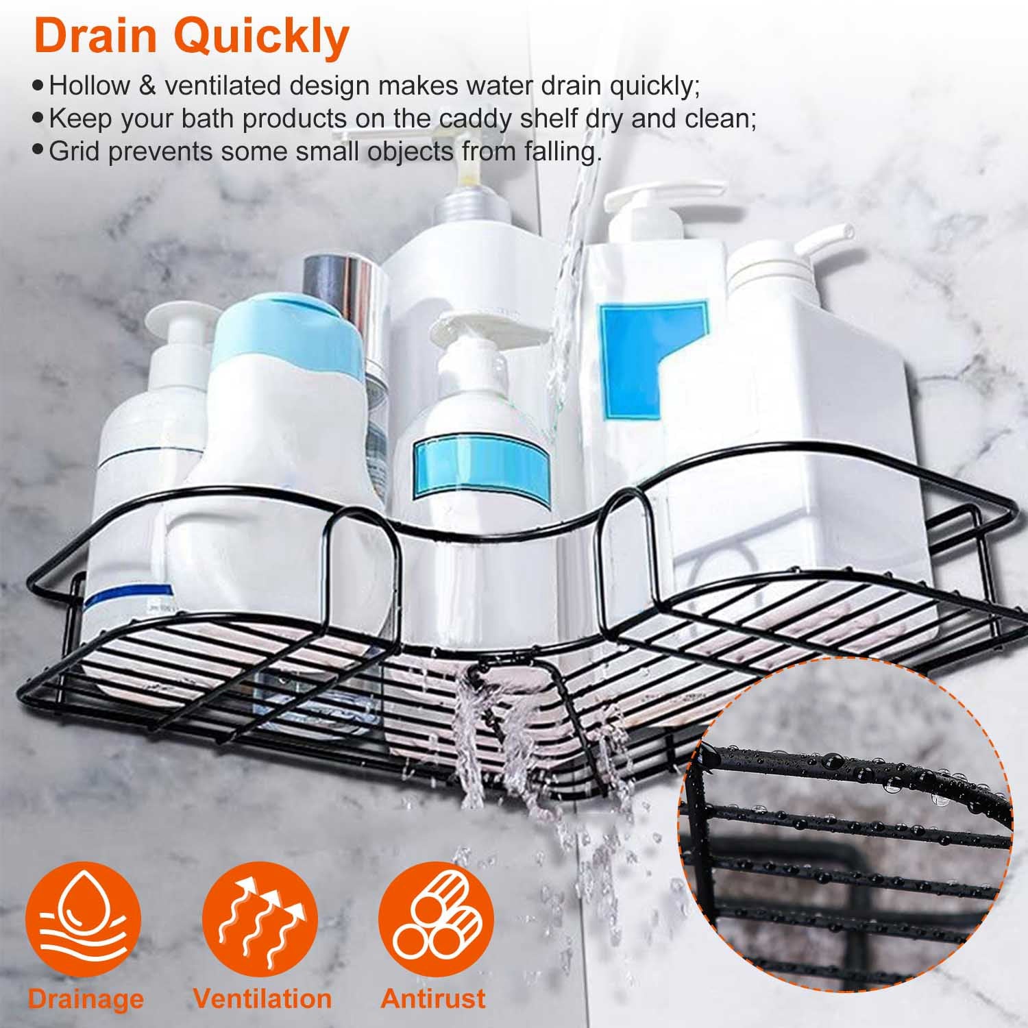 2Pcs Corner Shower Caddy Shelves Wall Mounted Basket Rack Bathroom Shampoo Holder Storage Organizer W/ 8Pcs Adhesive Hooks For Toilet Dorm Kitchen