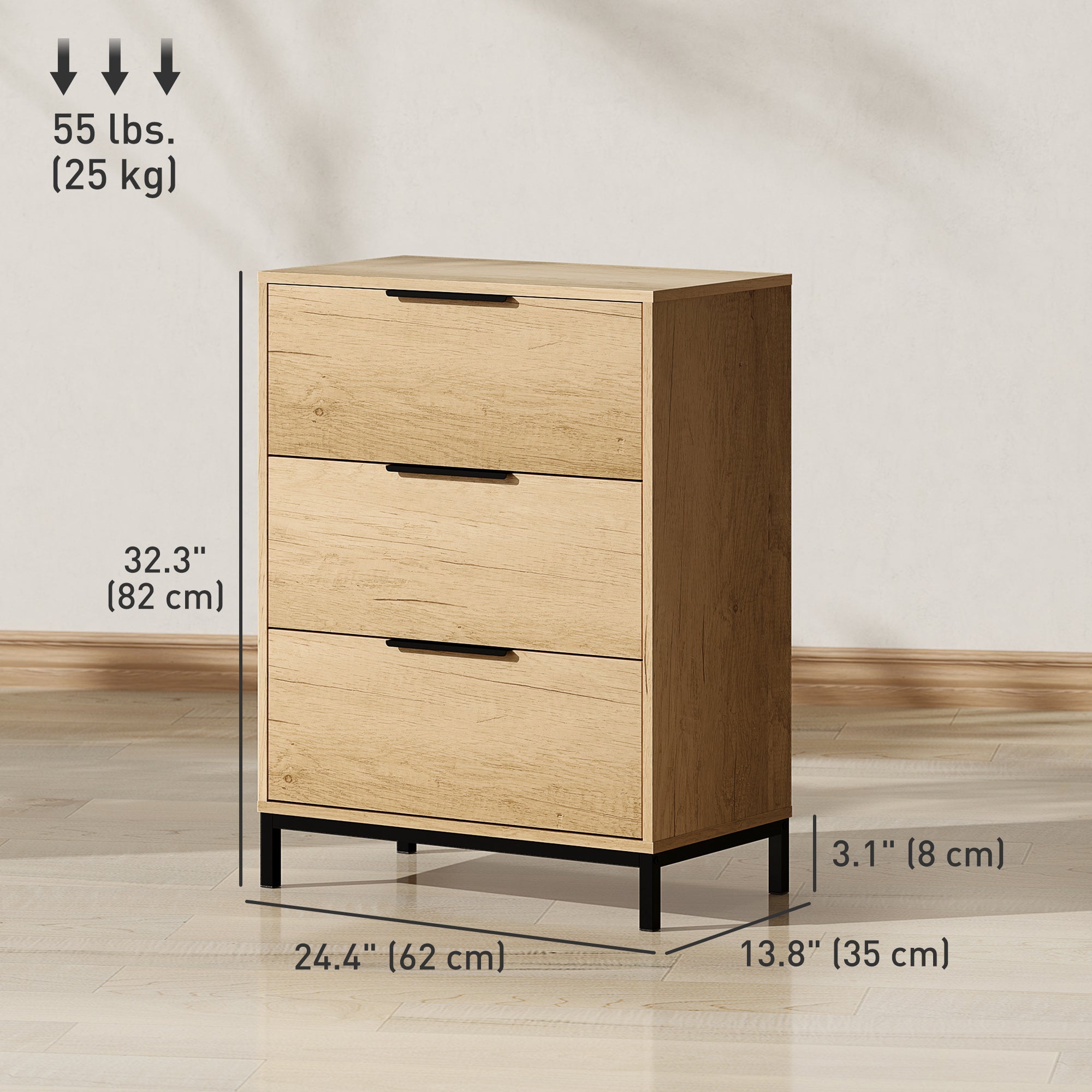 HOMCOM Dresser for Bedroom, 3 Drawer Dresser Tower, Chest of Drawers for Hallway, Entryway, Closet, Natural