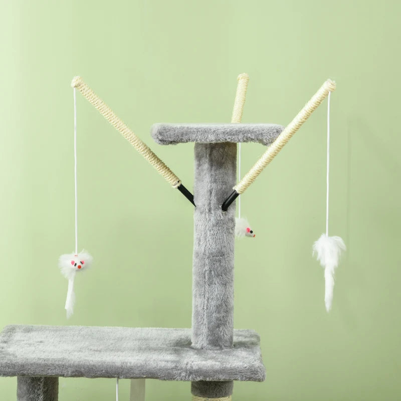 53" Cat Tree Tower, Kitten Activity Centre with Scratching Posts, Condo, Perches, Ladder, Hammock, Dangling Toys, Grey
