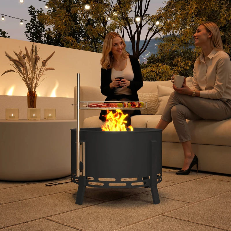 Outdoor Fire Pit, Round Firepit with Grill Grate, Fire Bowl with Ash Catcher and Poker for Backyard Camping Bonfire Picnic, Black