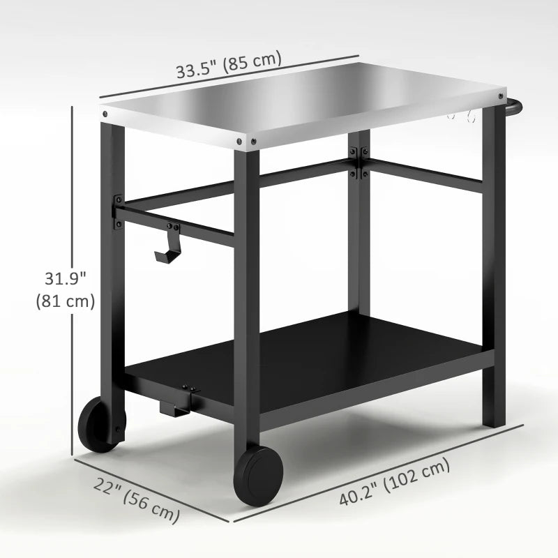 Outdoor Grill Dining Cart with Stainless Steel Tabletop, 2-Shelf BBQ Movable Pizza Oven Stand with Wheels, Charcoal Grey
