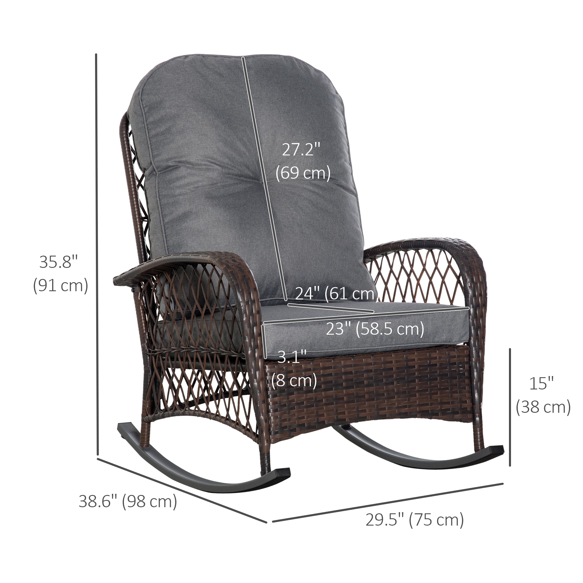 Outsunny Outdoor PE Rattan Rocking Chair, Patio Wicker Recliner Rocker Chair with Soft Cushion, for Garden Backyard Porch, Grey