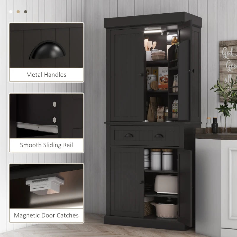 71" Kitchen Pantry Cabinet with LED Lights, 6 Spice Racks, a Drawer and 4 Adjustable Shelves, Black