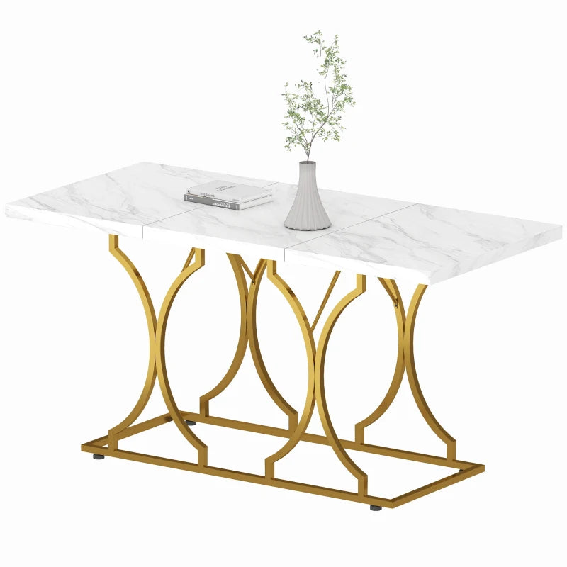 59-Inch Dining Table for 6, Modern Marble-Pattern Kitchen Dinner Table with Metal Pedestal for Home, Dining Room, White