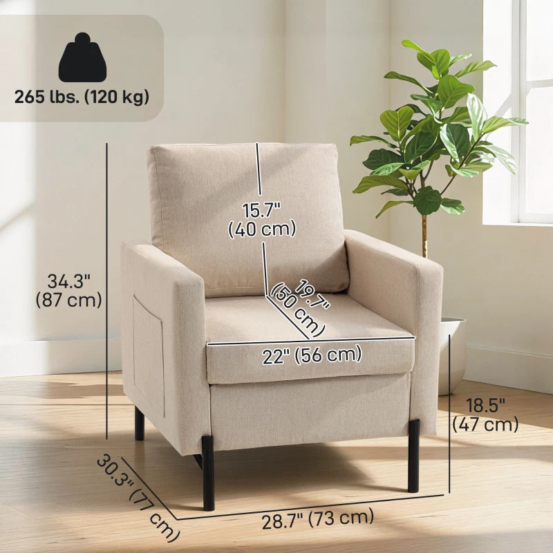 Accent Chair Modern Upholstered Armchair with Side Pockets and Cushion for Bedroom, Living Room, Beige