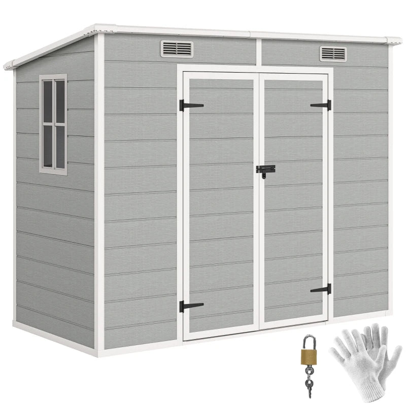 8' x 4' Resin Outdoor Storage Shed with Floor, Window, Lockable Doors and Vents for Backyard Patio Lawn, Light Grey