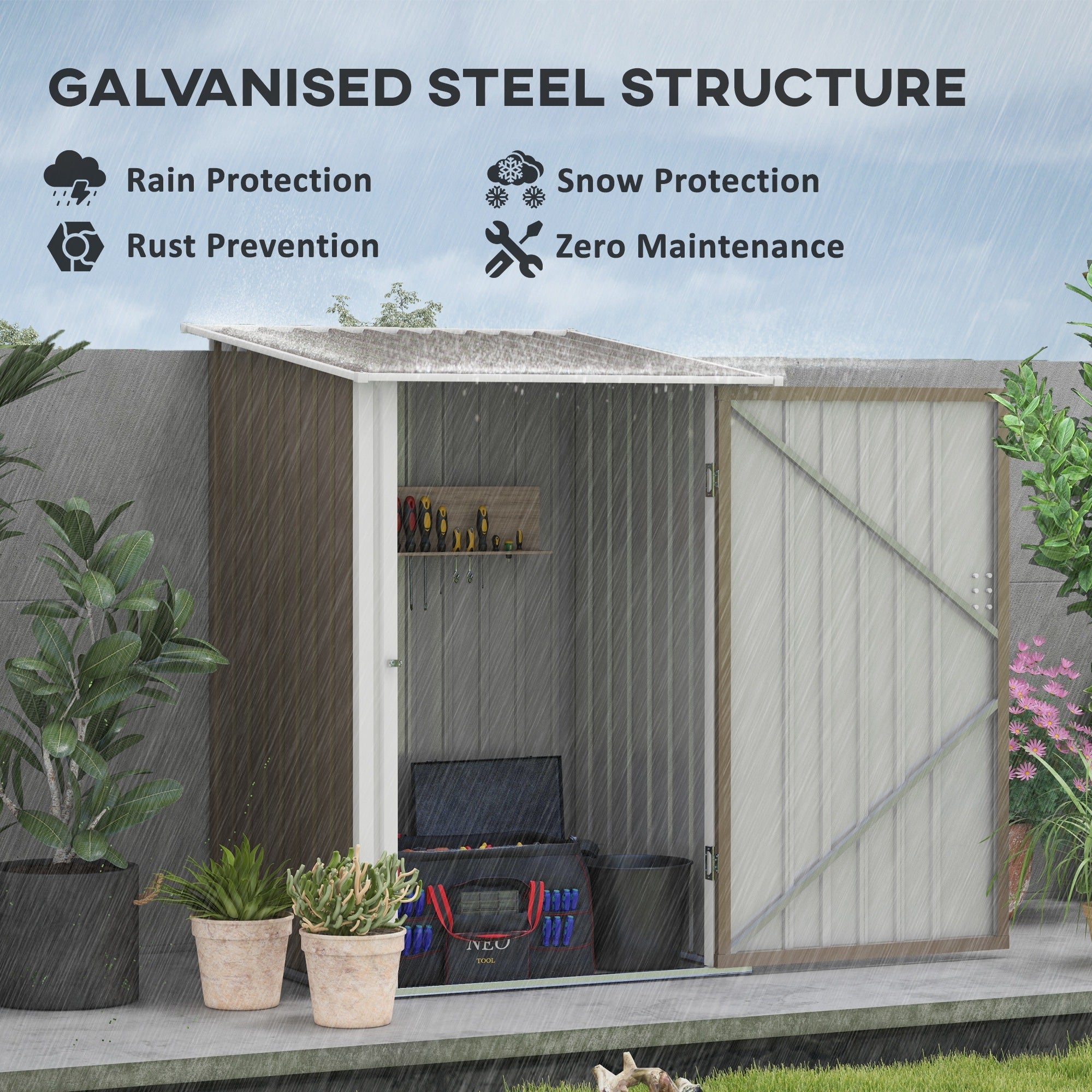 Outsunny 3.3' x 3.4' Lean-to Outdoor Garden Storage Shed, Galvanized Steel with Lockable Door for Patio Brown and White