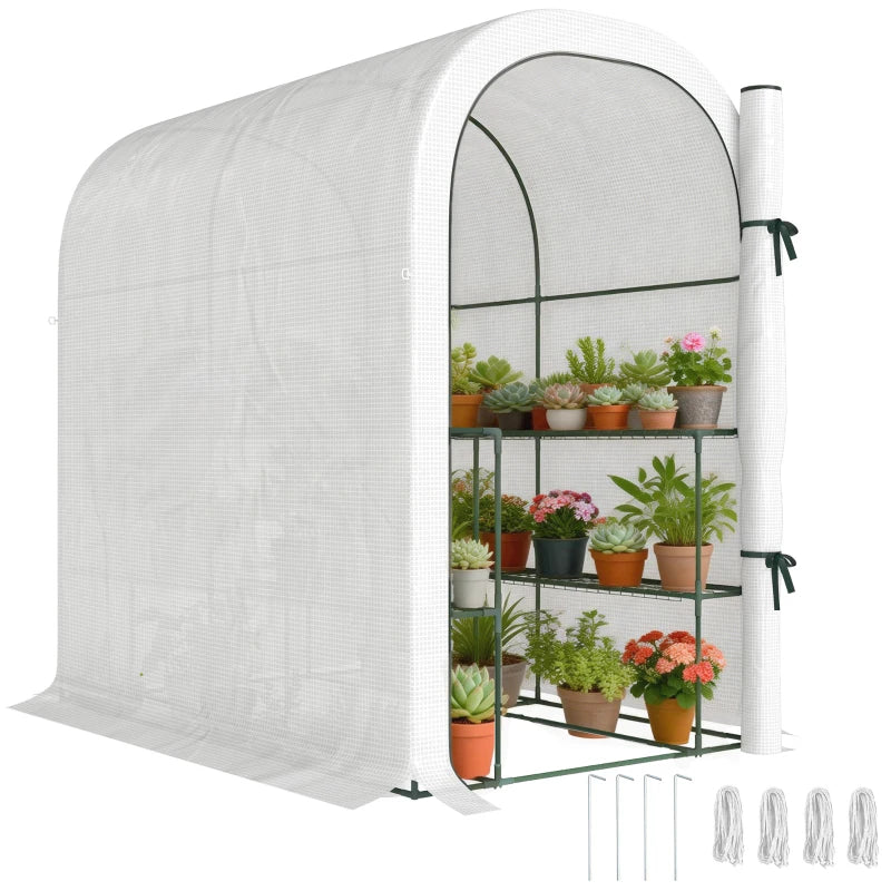 Walk-in Mini Greenhouse with Shelves, Portable Outdoor Greenhouse with Roll-up Door, 123 x 187 x 189 cm, White