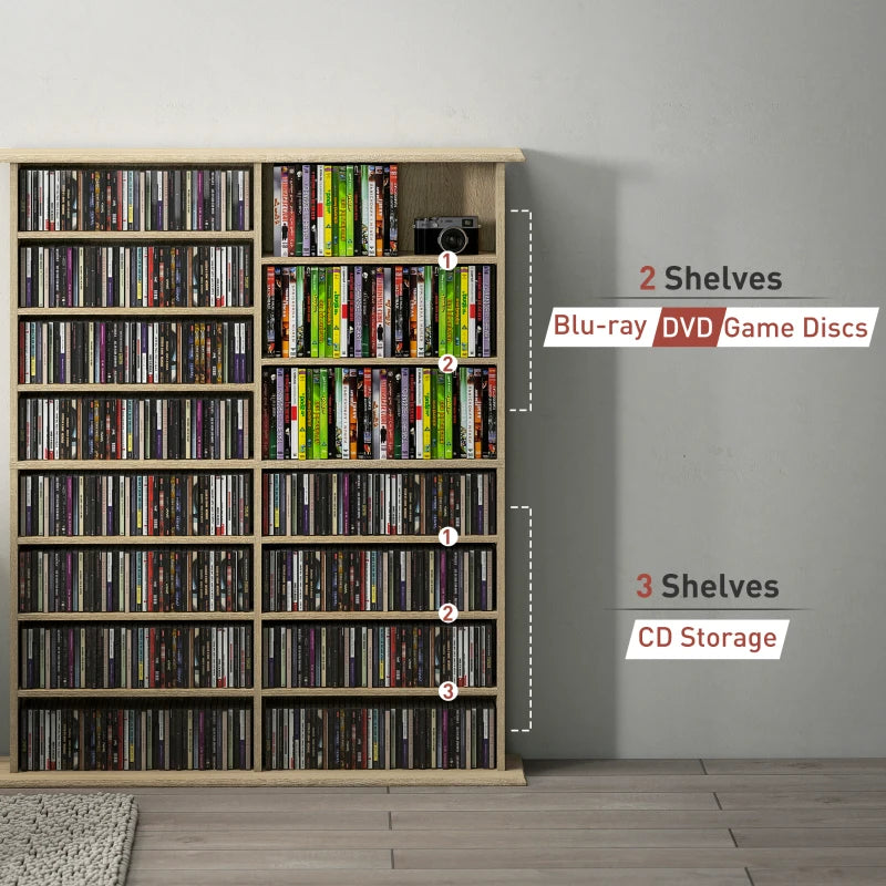 8-Tier DVD Shelf with 12 Adjustable Shelves, Double CD Shelf, Holds 720 CDs, 396 DVDs or 396 Blu-rays, Natural Wood
