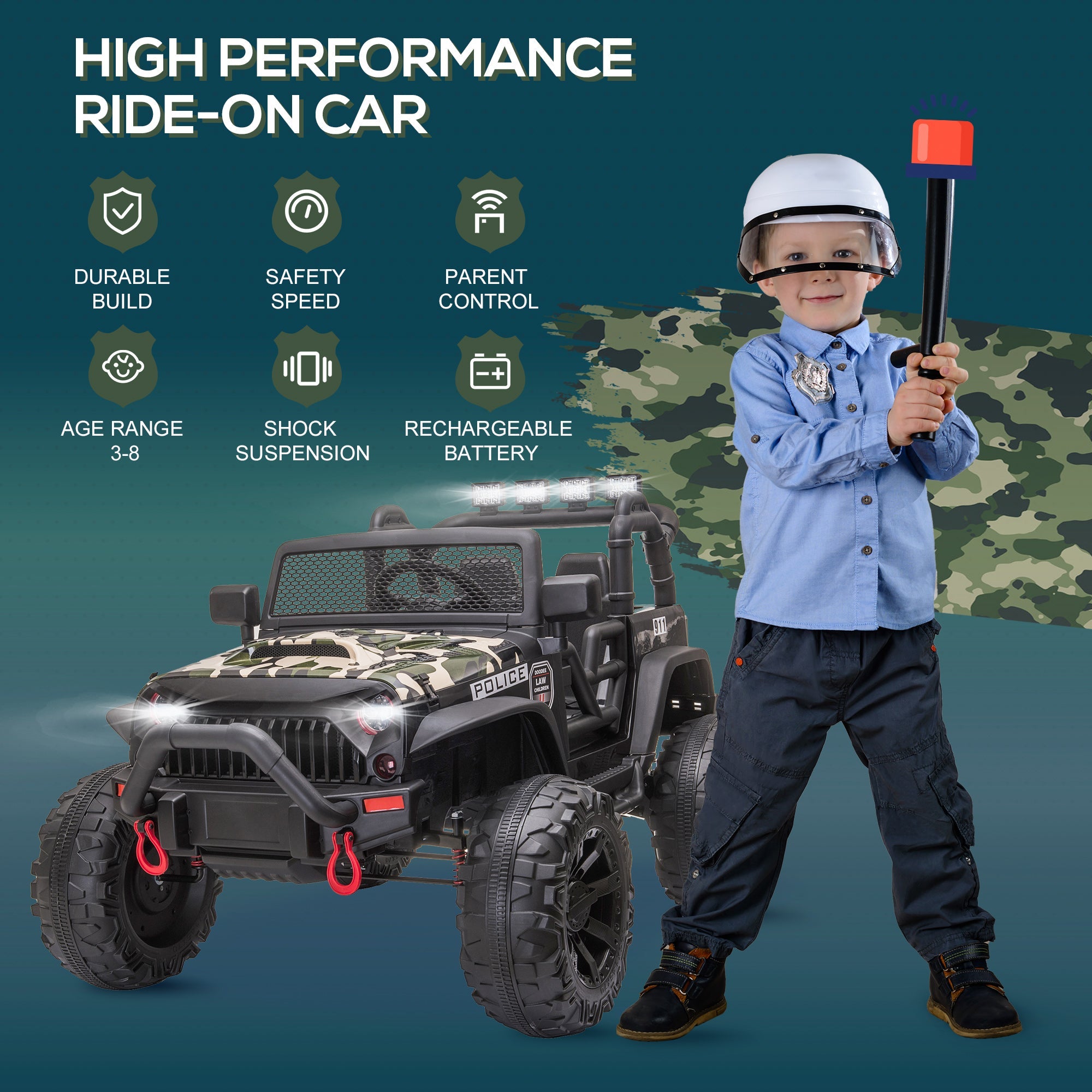 Aosom 12V Kids Police Ride-On: 2-Seater SUV, Remote Control, Bluetooth, Camouflage