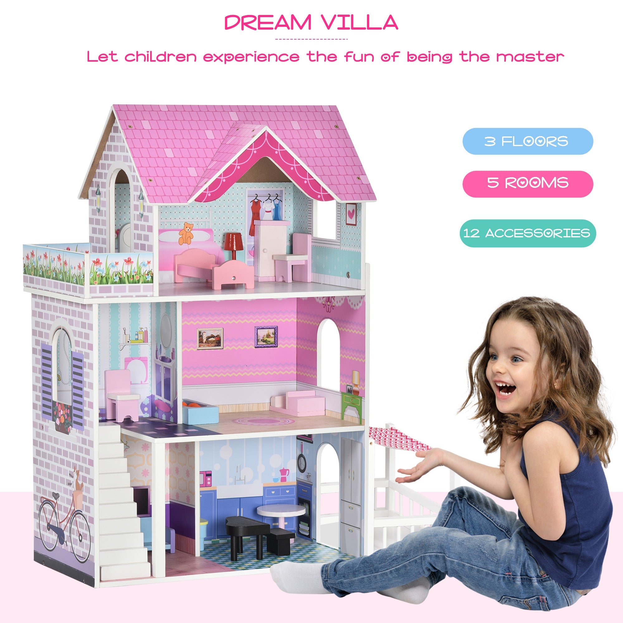 Qaba Kids Wooden Dollhouse Dreamhouse Villa w/ Patio Dollhouse w/ Furniture Accessories Kit for Toddler Multi-level House Pink