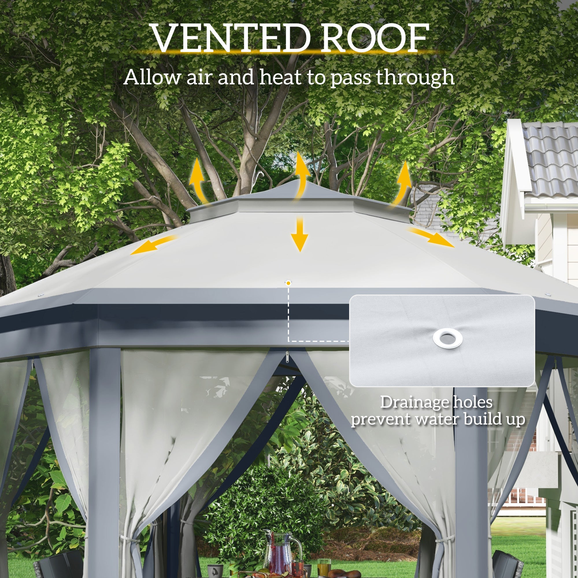 Outsunny Pop Up Hexagon Patio Gazebo 13x13ft Double Roof Outdoor Instant Shelter Garden with Netting Grey