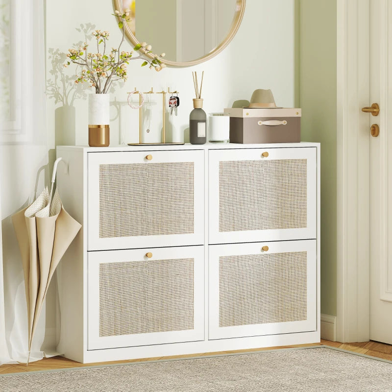 Narrow Shoe Storage Cabinet, Rattan Shoe Cabinet with 4 Flip Drawers and Adjustable Shelves for 20 Pairs, White