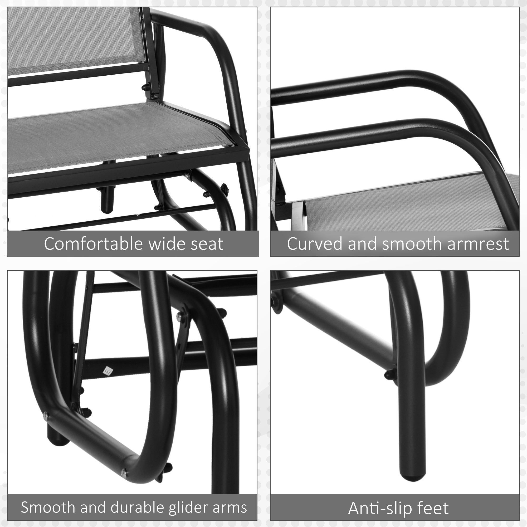 Outsunny Steel Frame Outdoor Glider Swing Chair with Breathable Mesh Seat Backrest and Curved Rocking Arms in Light Grey