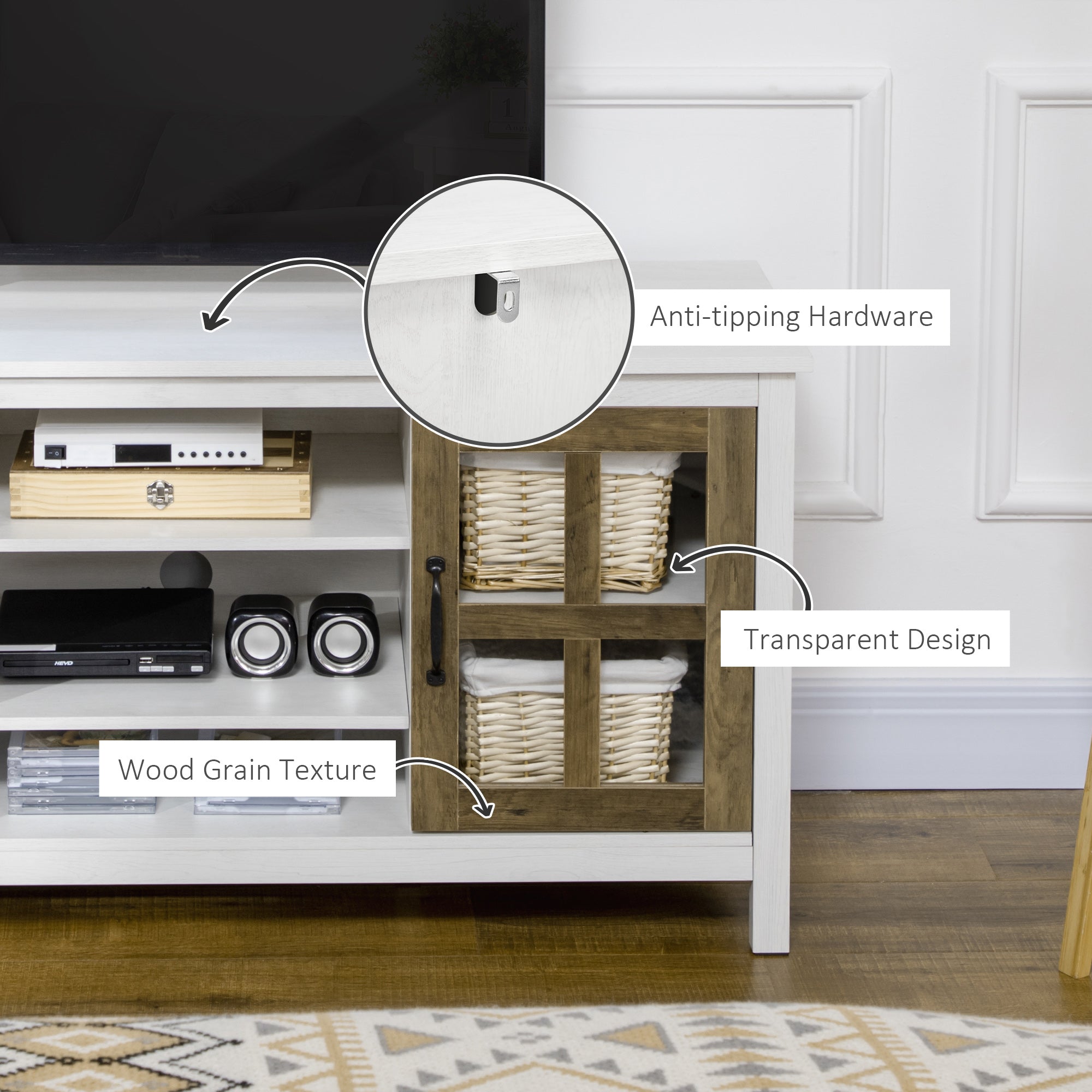 HOMCOM TV Cabinet: For 55" TVs, White, Adjustable Shelves, Living Room Entertainment Center