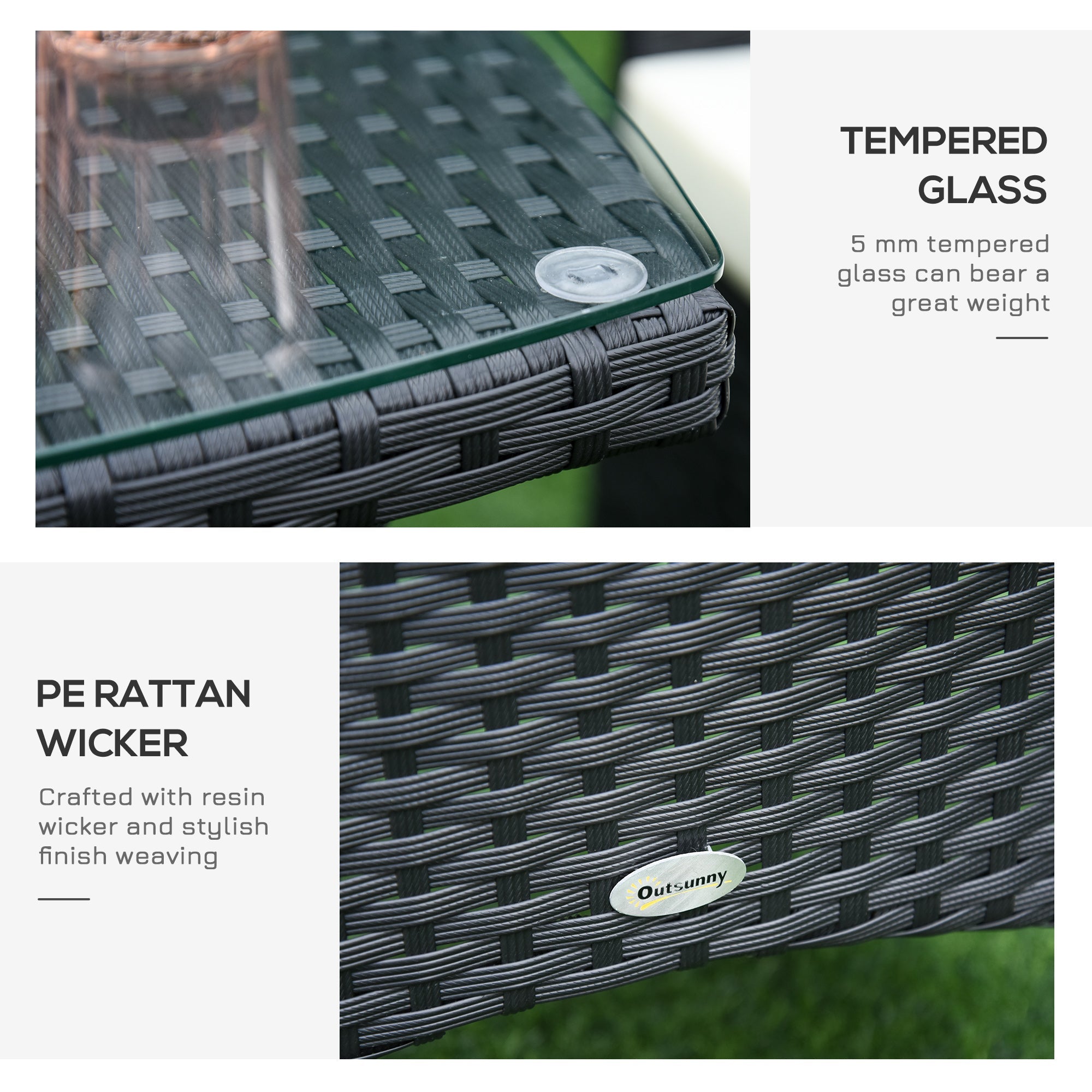 Outsunny 3PC Patio Bistro Set Outdoor Rattan Furniture Two Armchairs Glass Top Coffee Table Porch Black