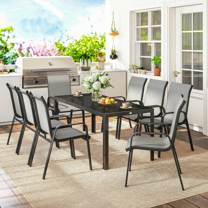 9 Pieces Patio Set with Stackable Chairs, Patio Dining Set with Glass Top for Garden, Patio, Backyard, Light Grey