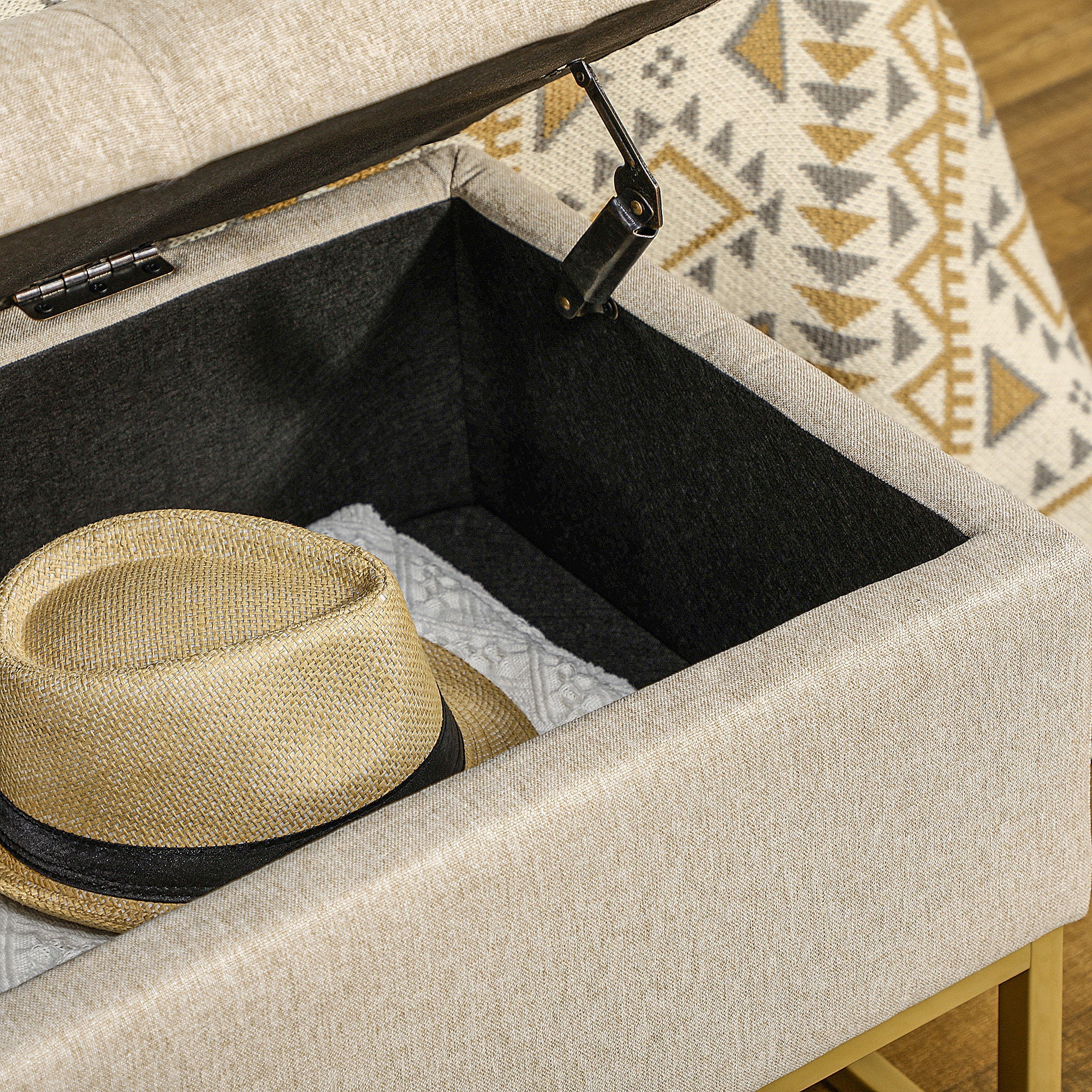 HOMCOM Linen Luxury: Upholstered Storage Bench with Steel Legs, Beige Fabric Ottoman for Bedroom, Living Room Seating