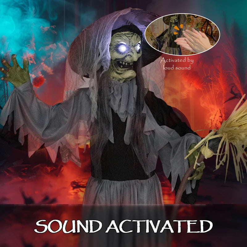 Outsunny Standing Animated Witch – Voice-Activated, Spinning Head & Flashing Eyes, Indoor Halloween Prop