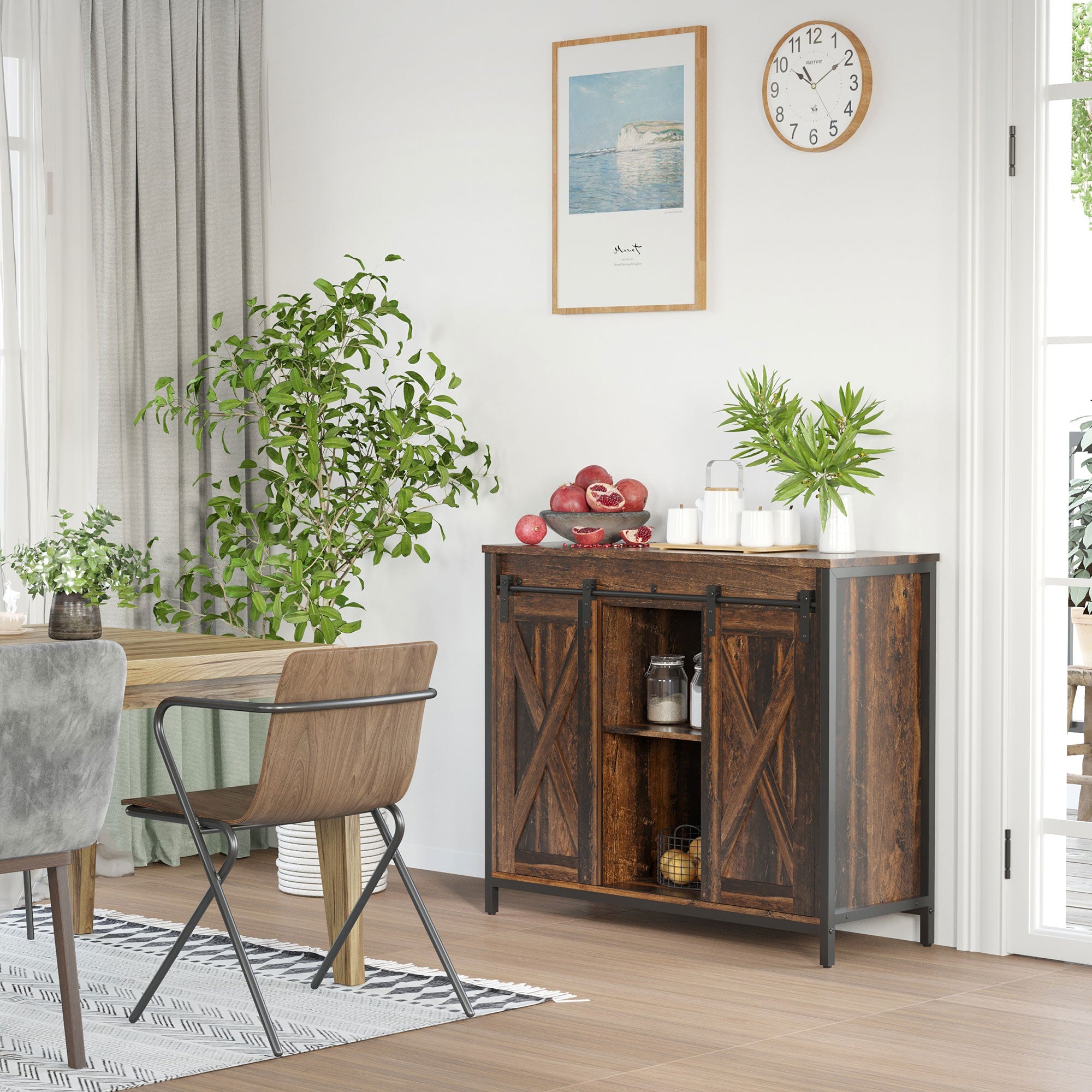HOMCOM Industrial Chic: Sideboard Buffet Cabinet with Sliding Barn Doors, Adjustable Shelves, Brown Finish for Living Room