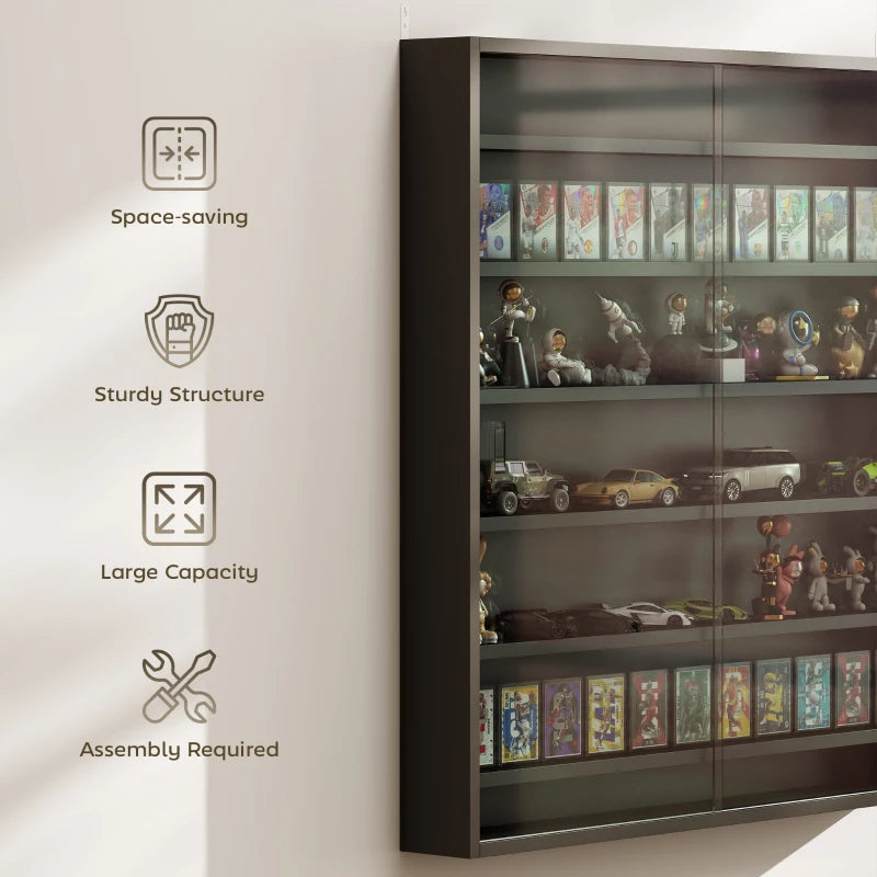 7-Tier Display Cabinet, Shot Glass Display Case, Glass Curio Cabinet with 2 Glass Doors and 6 Adjustable Shelves, Black