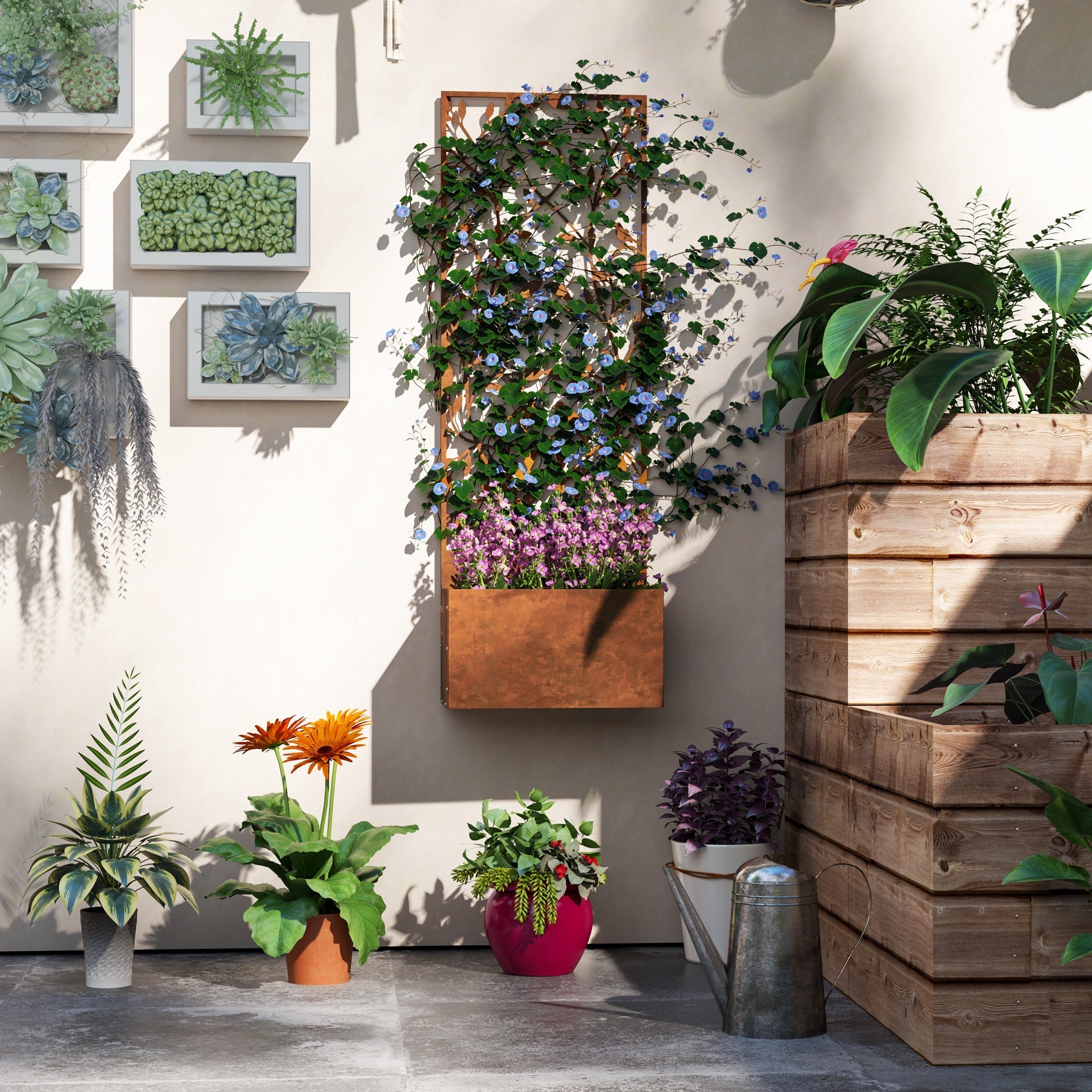 Outsunny Raised Garden Bed with Outdoor Privacy Screen, Metal Planter Box with Trellis, Wall-Mounted or Freestanding, Brown