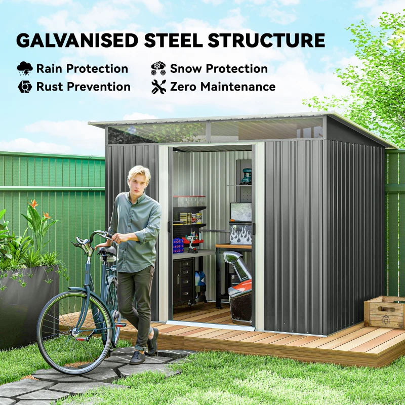 9' x 6.5' Outdoor Metal Garden Shed Utility Tool Storage Steel Backyard House, Dark Grey