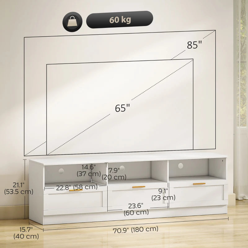 TV Stand with Storage, Modern Entertainment Center with 3 Cabinets and 3 Open Shelves, for TVs up to 85", White