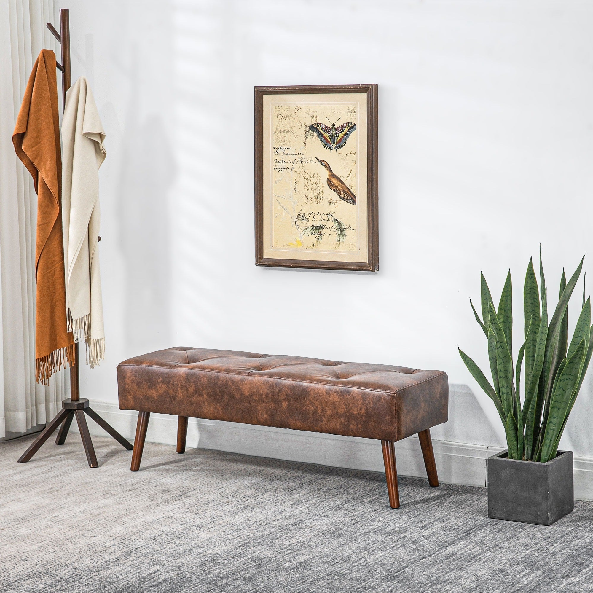HOMCOM Luxurious Bedroom Bench End of Bed Bench Button Tufted PU Leather Wood Legs Entryway Furniture Brown