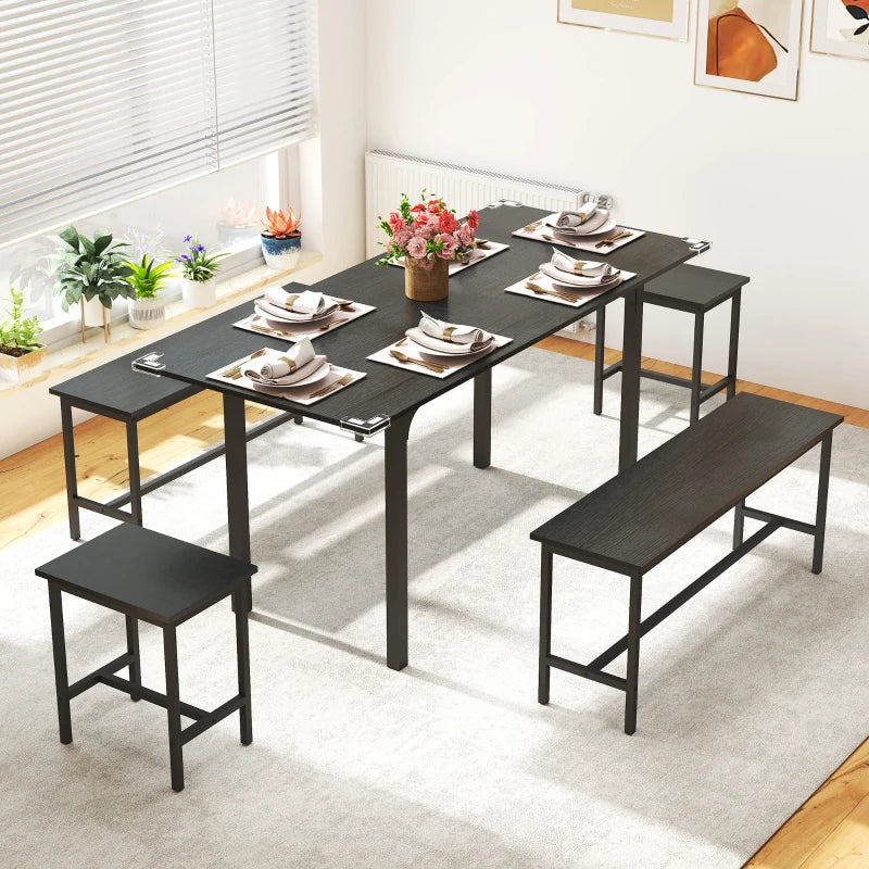 Extendable Dining Table Set, 5-Piece Dining Set for 4-6 with 2 Benches and 2 Stools for Small Spaces, Black