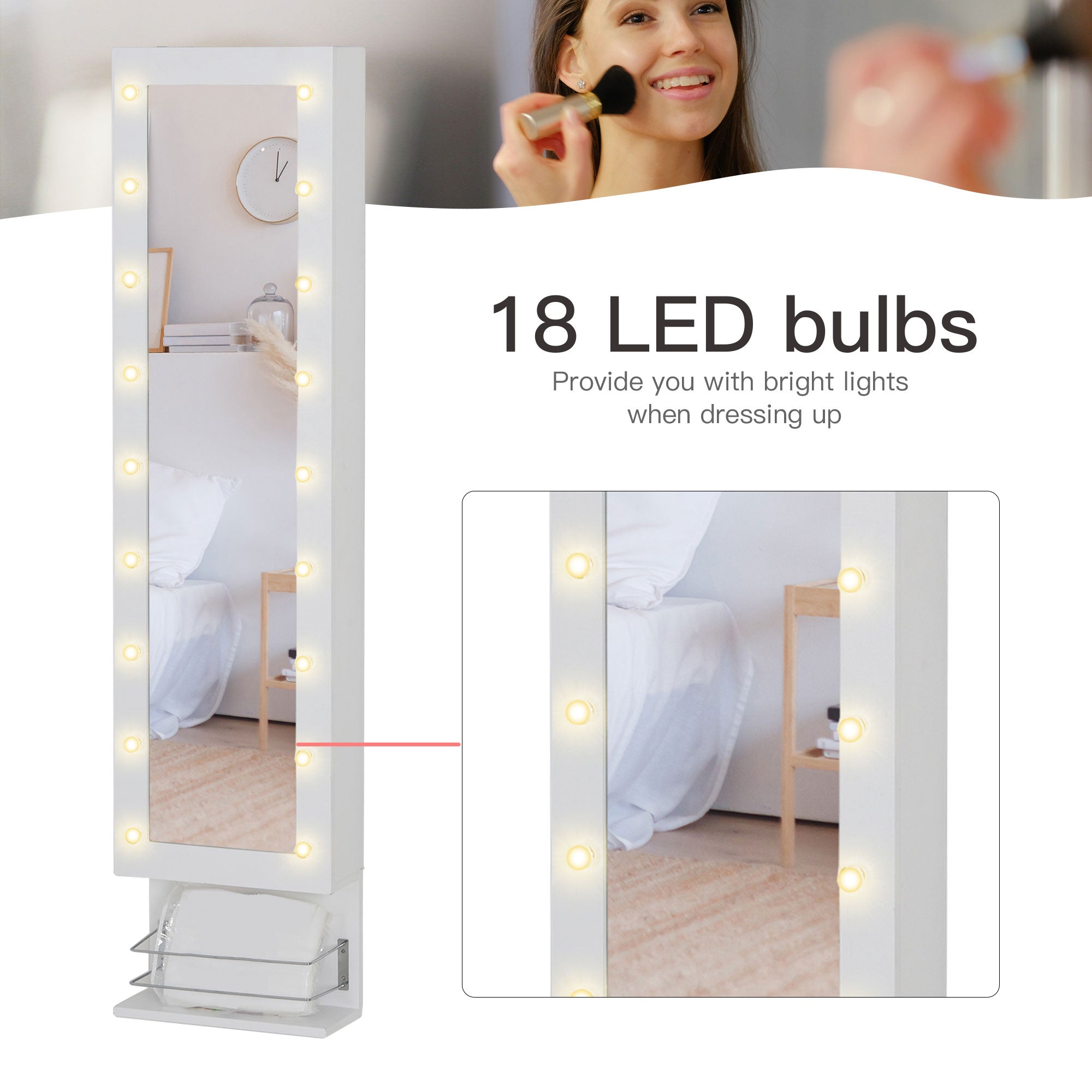 HOMCOM Wall-Mounted Jewelry Armoire: With LED Lights, Over-The-Door Mirror Storage Shelves