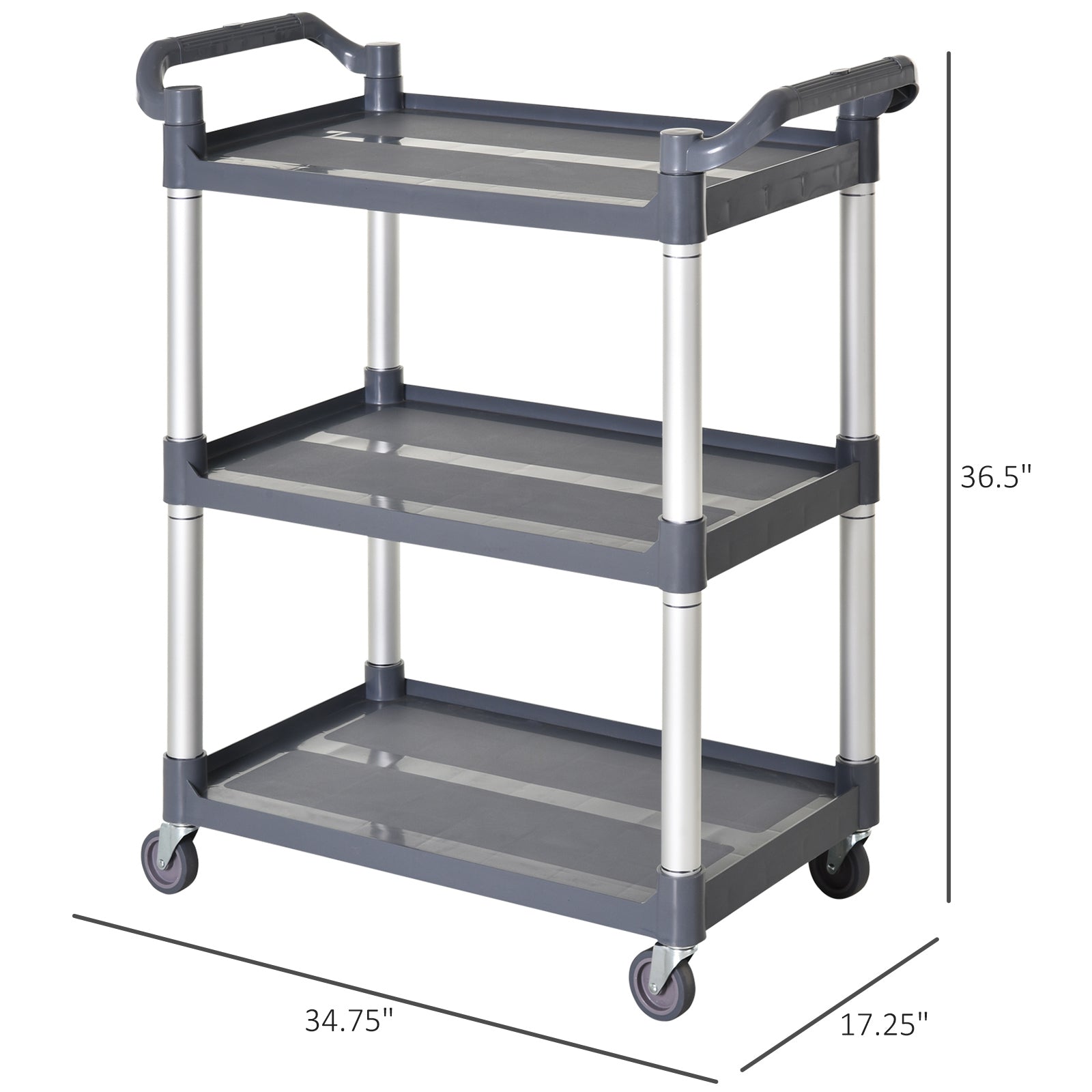 HOMCOM Large 3-Tier Metal Utility Cart Rolling Storage Trolley with Shelves for Restaurant Hotel Living Room Silver