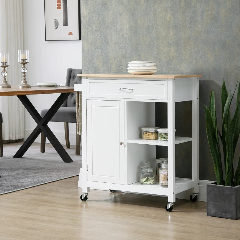 Rolling Kitchen Cart with Wood Top and Drawer, Kitchen Island on Wheels for Dining Room, White