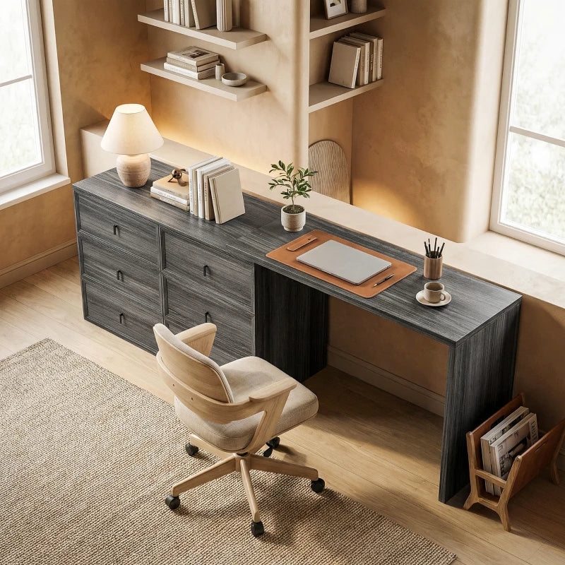 L Shaped Computer Desk Home Office Desk with 6 Drawers Black Wood Grain