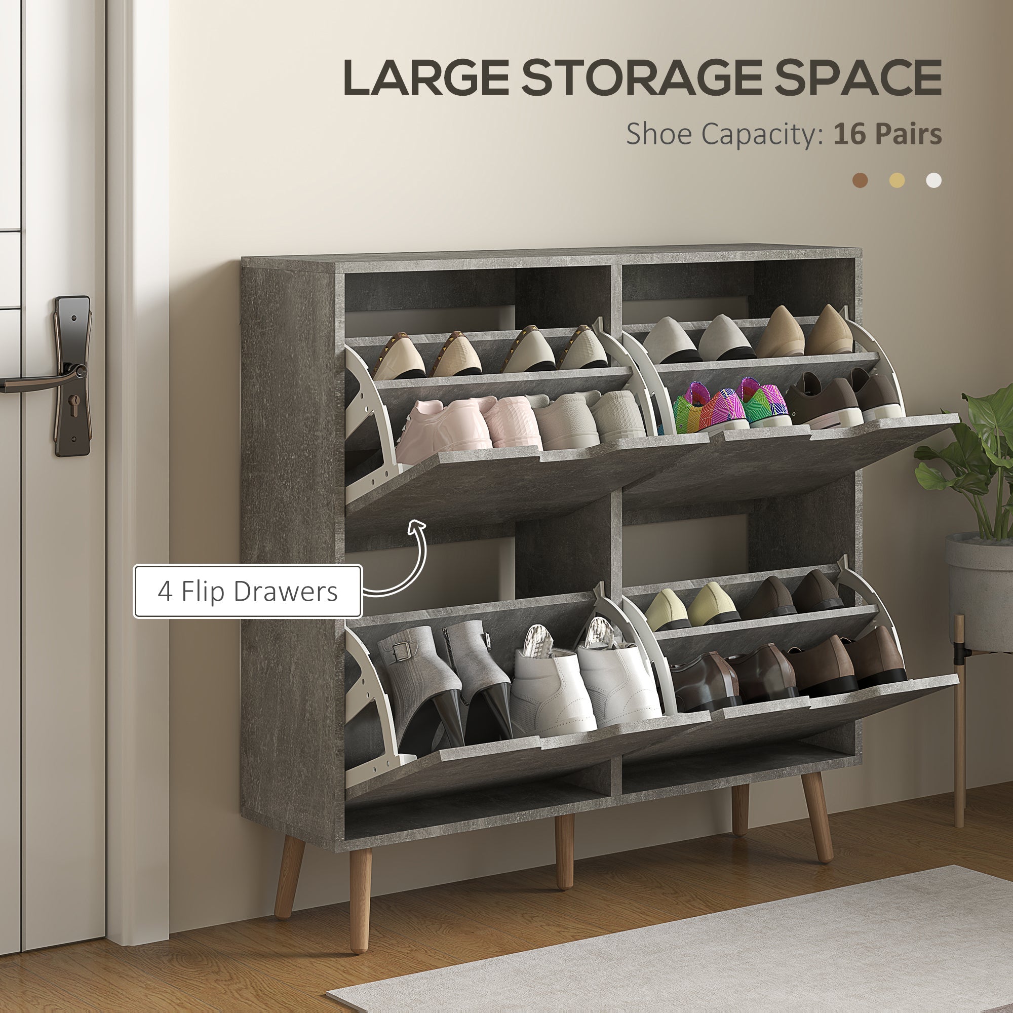 HOMCOM Shoe Storage Cabinet with 4 Flip Drawers and Adjustable Shelf, Shoe Cabinet for 16 Pairs of Shoes, Cement Grey