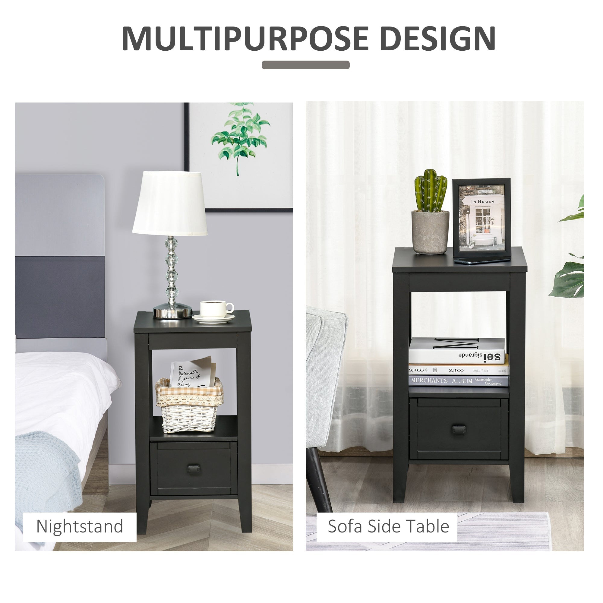 HOMCOM Black Modern End Table with Drawer Shelf Sofa Side Table Nightstand Bedroom Living Room