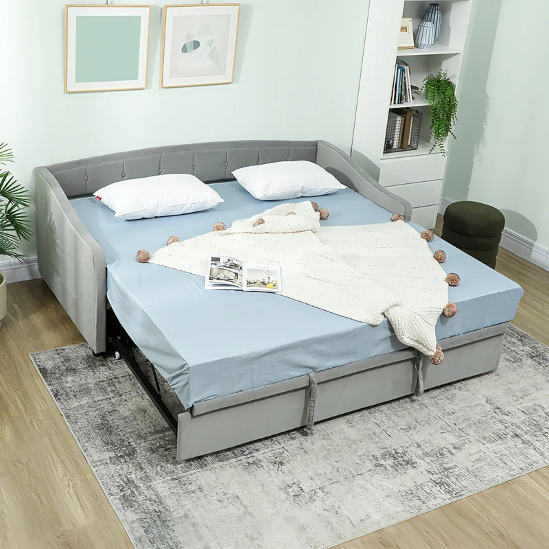 Upholstered Twin Size Trundle Bed, Velvet Twin to King Day Bed with Pop Up Trundle, Headboard and 2 Pockets, Light Grey