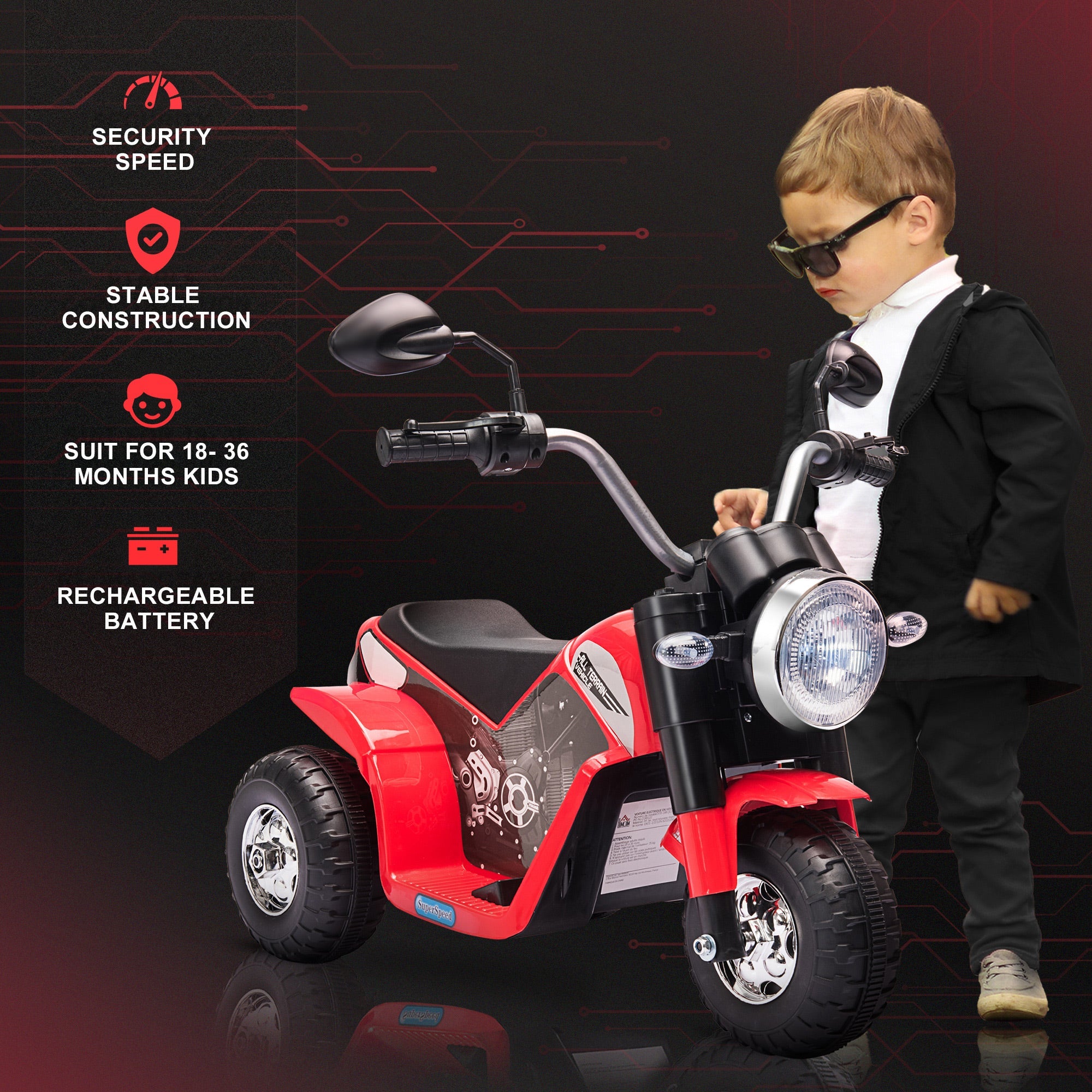 Aosom 6V Electric Kids Motorcycle Ride-On Dirt Bike 3-Wheels with Horn Headlights Red for Toddlers