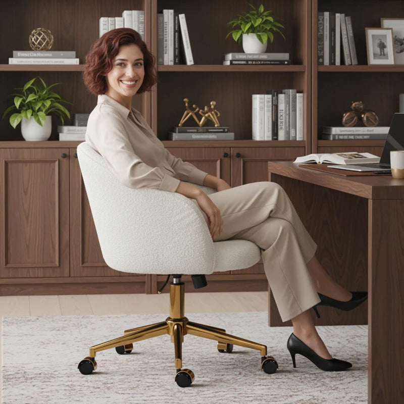 Office Chair, Teddy Fleece Upholstered Vanity Desk Chair, Cream White