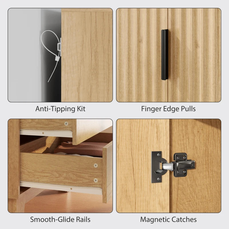 Modern Wardrobe Closet, Freestanding Armoire with Soft-Close Doors, 2 Drawers and Hanging Rod for Bedroom, Natural