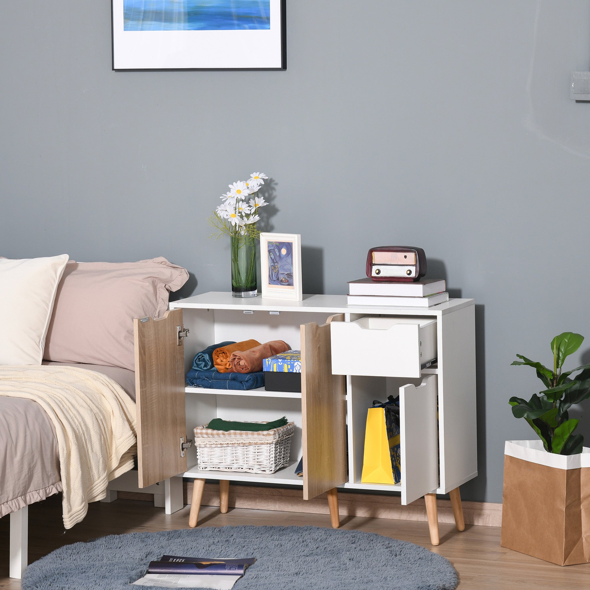 HOMCOM Kitchen Bar Cart White Natural Wood Top Wine Rack Drawers Trays Mobile Storage Island Furniture