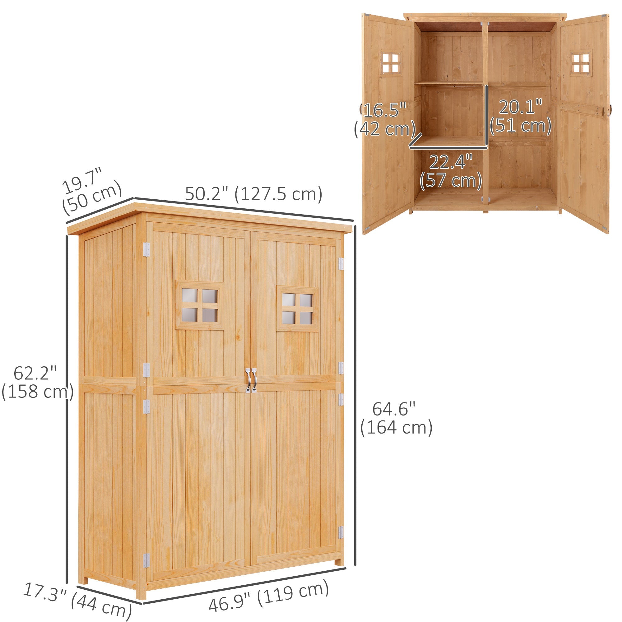Outsunny 4x1.5ft Wooden Garden Storage Shed, Outdoor Tool Cabinet Organizer with Windows and Double Door, Nature Wood