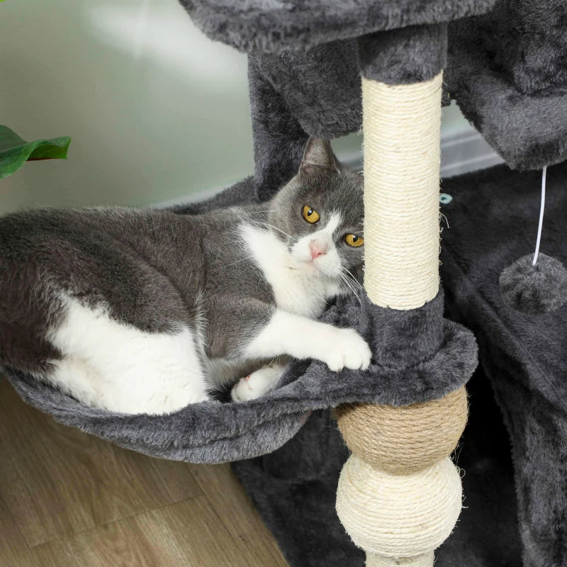 Cat Tower, 42" Multi-Level Cat Tree with Padded Plush Perch, Hammock, 2 Door Condos, Scratching Posts, Toy Balls