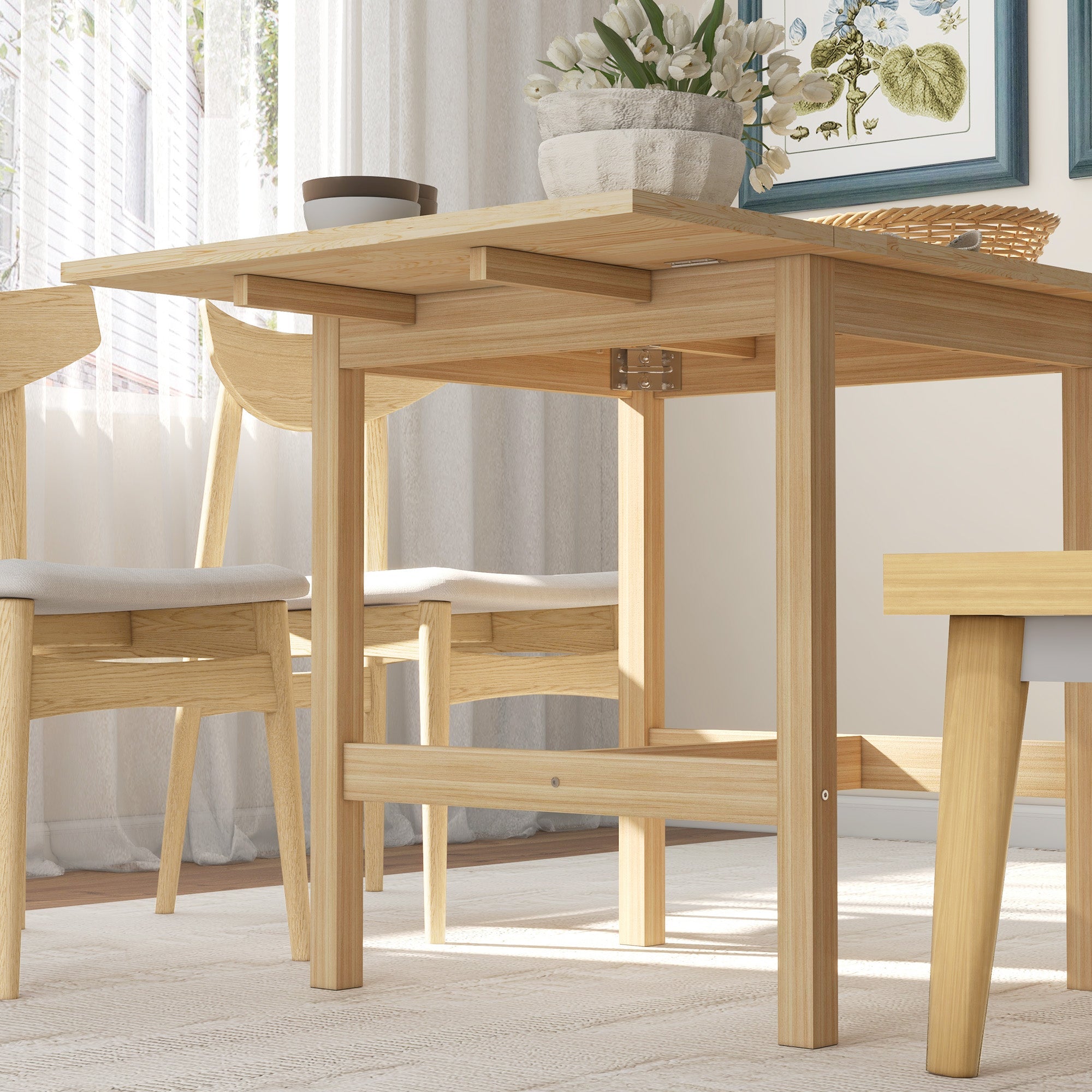 HOMCOM Solid Wood Kitchen Table, Farmhouse Drop Leaf Tables for Small Spaces, Folding Dining Table, Nature Wood